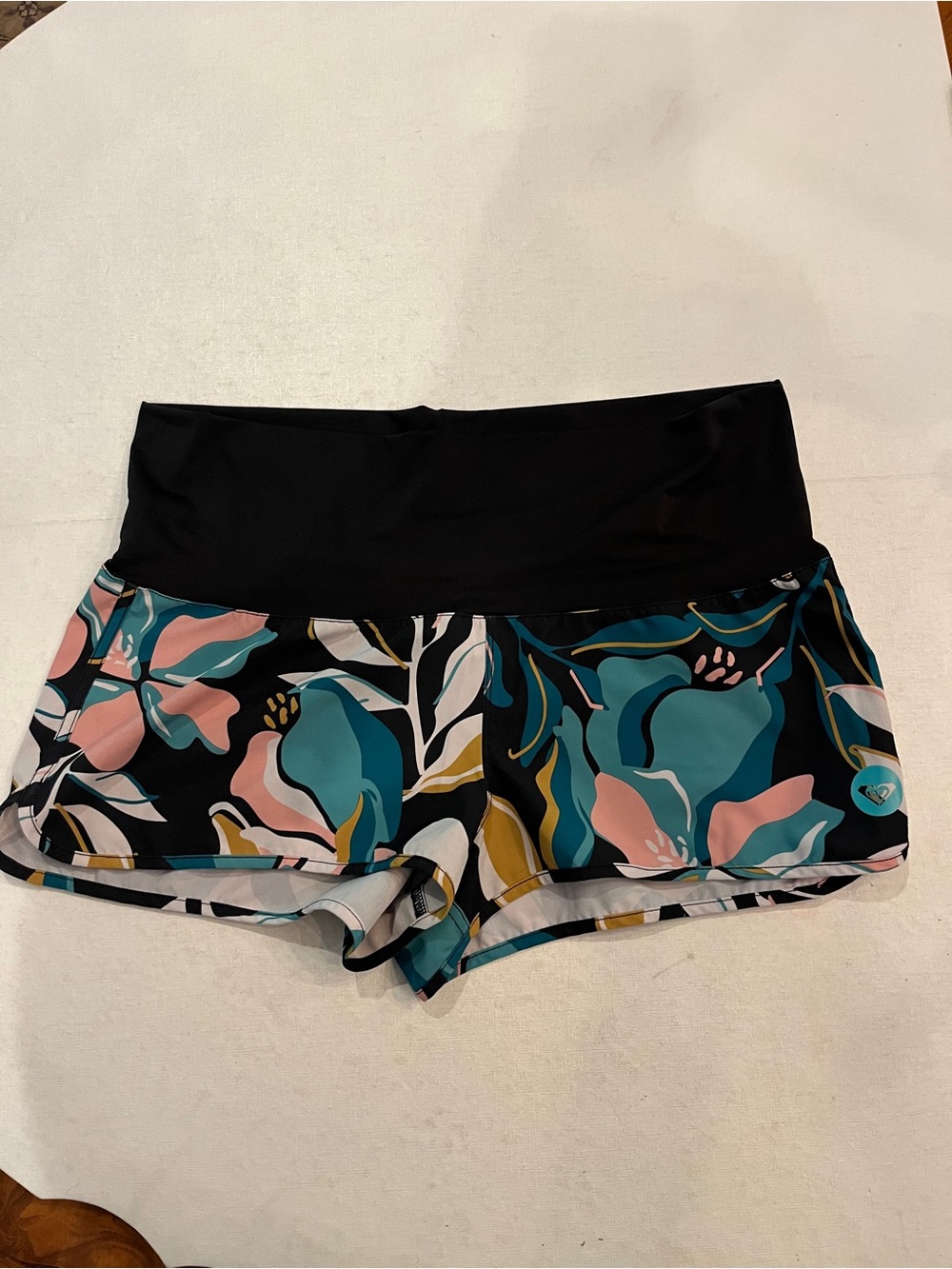 Roxy Black Floral Fold-Over Athletic swim Shorts.